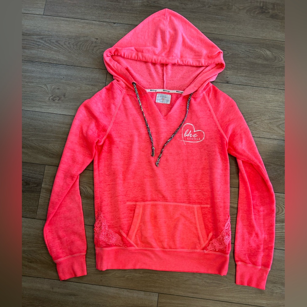 BKE Lounge Coral Pink Lace Trim Pullover Hoodie Size S